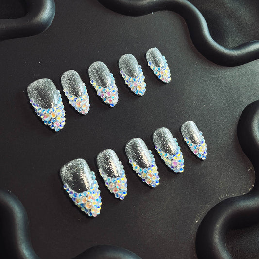 Aurora Blue Rhinestone French tip Handmade Almond  Nails XZ1013 - NoirNail