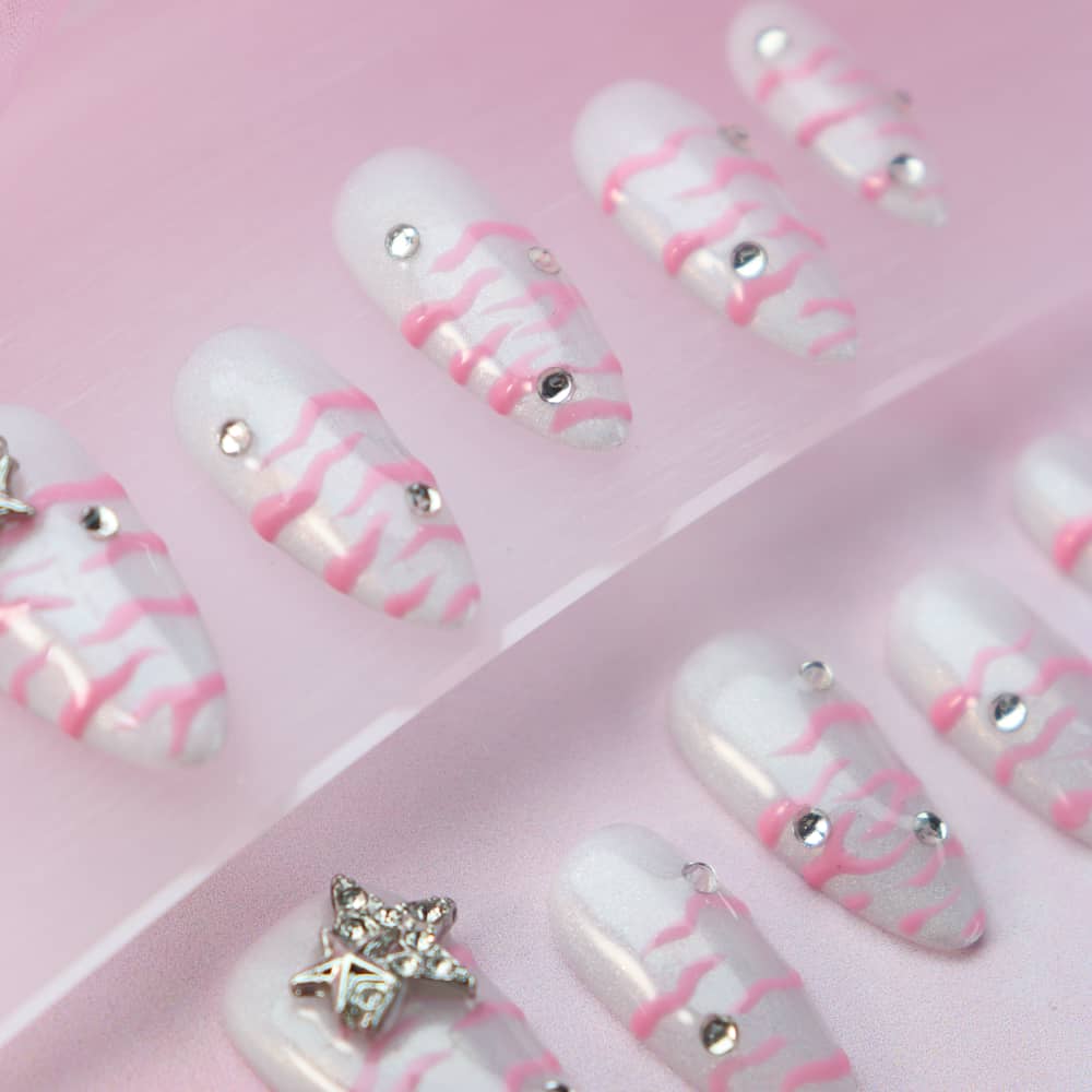 Hollow Star Zebra Pattern Handmade Almond Press on Nails A1205