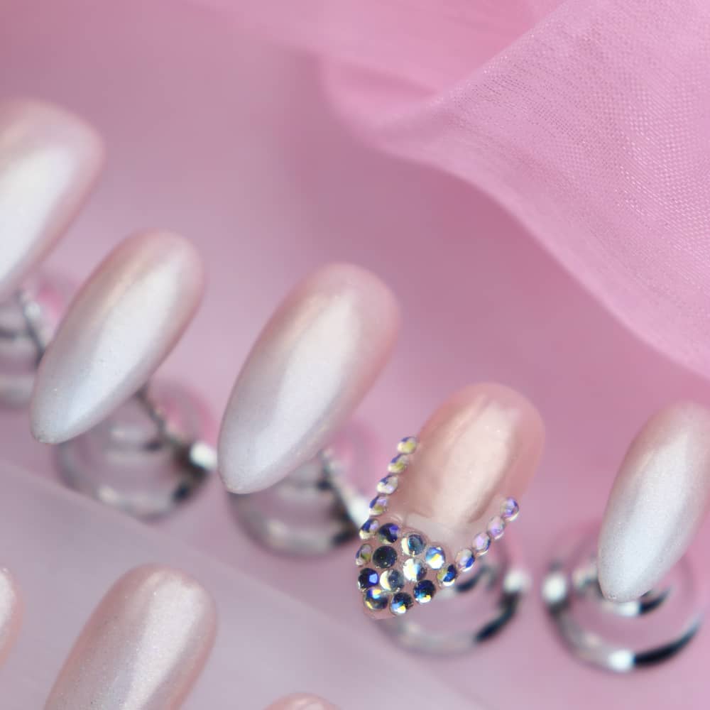 Cherry blossoms Rhinestones Clean French Handmade Almond Press On Nails A1175