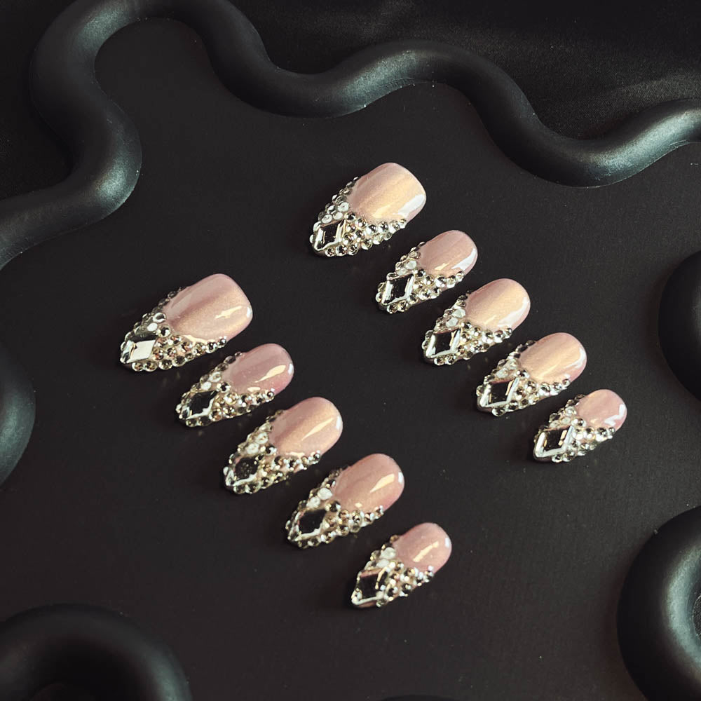 Silver Rhinestone French Tip Handmade Almond  Nails XZ1008 - NoirNail