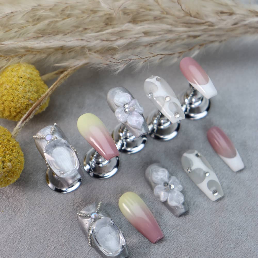 Happy wedding Rhinestones Handmade Coffin Press On Nails A1082