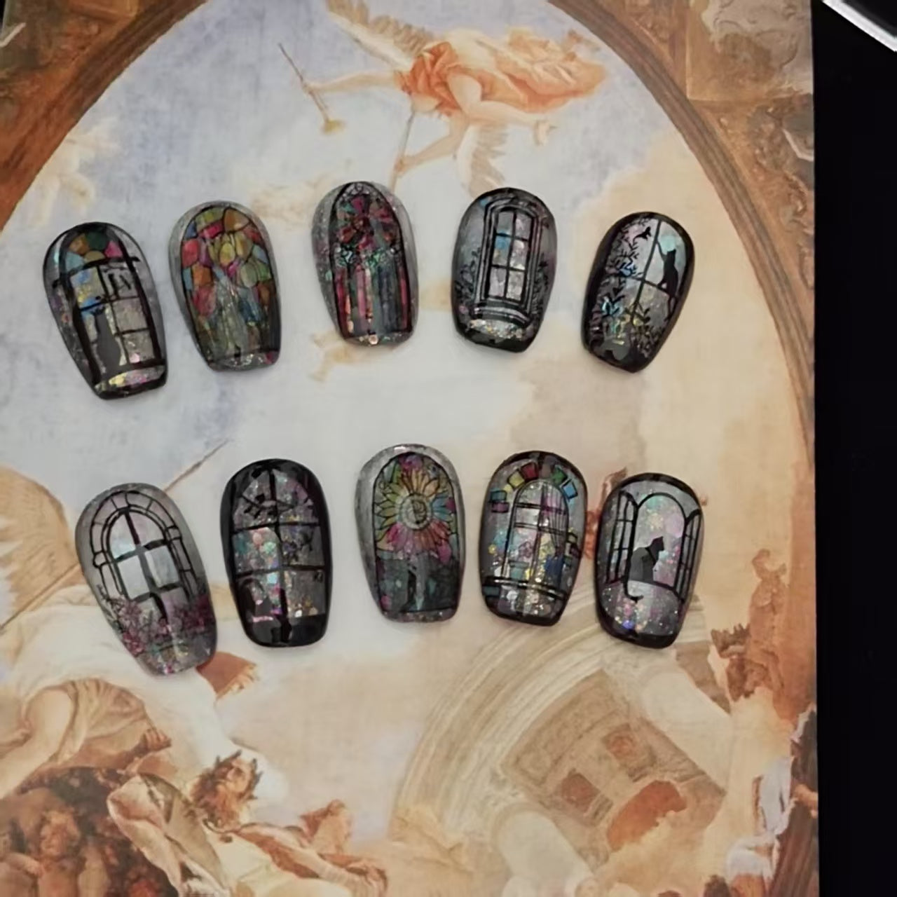 Kitten Under The Enamel Window Handmade Coffin Press On Nails