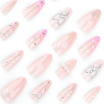 3D Bow Pink Heart Almond 24PCS Free Size Press on Nails JP3626