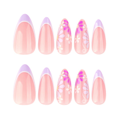 Purple Flowers Almond 24PCS Free Size Press on Nails  JP3793