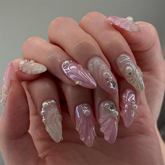 3D Pink Gradient Shells Almond 24PCS Free Size Press on Nails JP3680