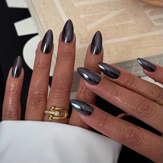 Classic Black Almond 24PCS Free Size Press on Nails JP3572