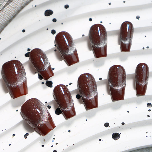 Hot Chocolate Simple Cat's Eye Handmade Almond Press on Nails 128