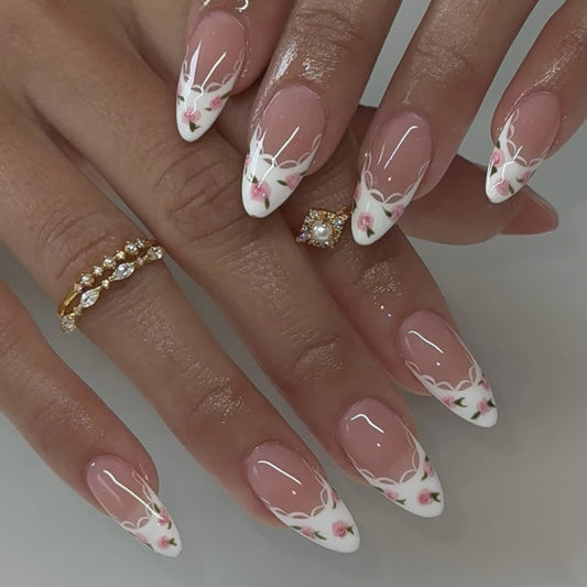 French White Almond 24PCS Free Size Press on Nails JP3914