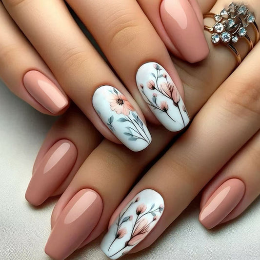 Leaf Flower Coffin 24PCS Free Size Press on Nails W1832