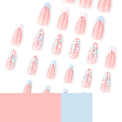 Blue Flower Almond 24PCS Free Size Press on Nails JP3794