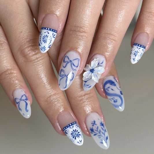 Blue and White Porcelain Almond 24PCS Free Size Press on Nails JP3889