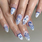 Blue and White Porcelain Almond 24PCS Free Size Press on Nails JP3889