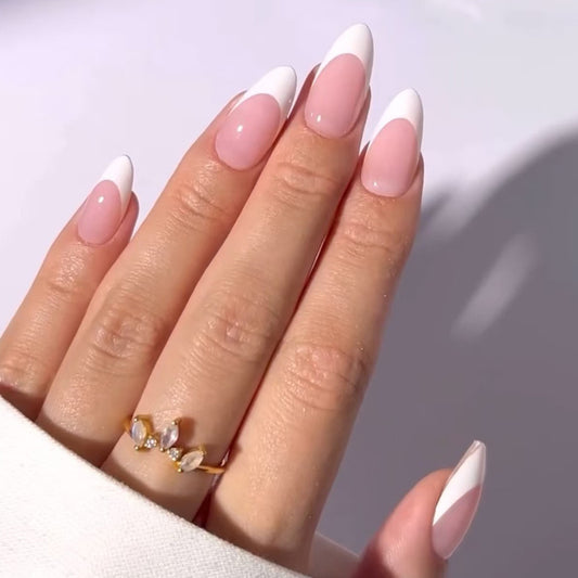 White Classic French Tip Almond 24PCS Free Size Press on Nails JP3667