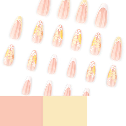 Yellow Flowers Almond 24PCS Free Size Press on Nails JP3796