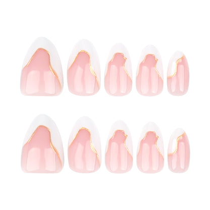 White French Tip Marble Almond 24PCS Free Size Press on Nails JP3729