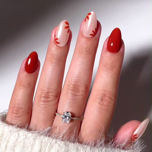 Red Flower Almond 24PCS Free Size Press on Nails W1856