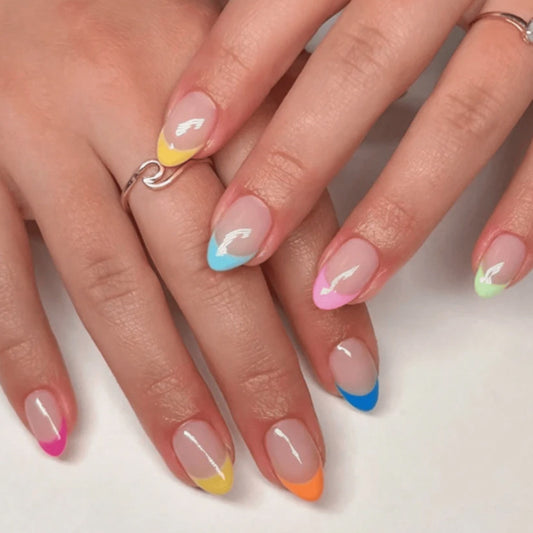 Macaron French Tip Almond 24PCS Free Size Press on Nails W1857