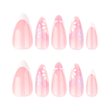 White Flowers Almond 24PCS Free Size Press on Nails JP3795