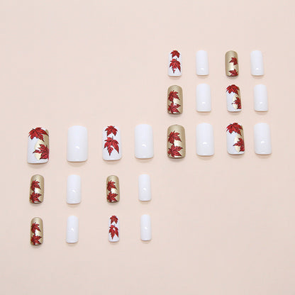 Red Maple Leaf Square 24PCS Free Size Press on Nails W1860