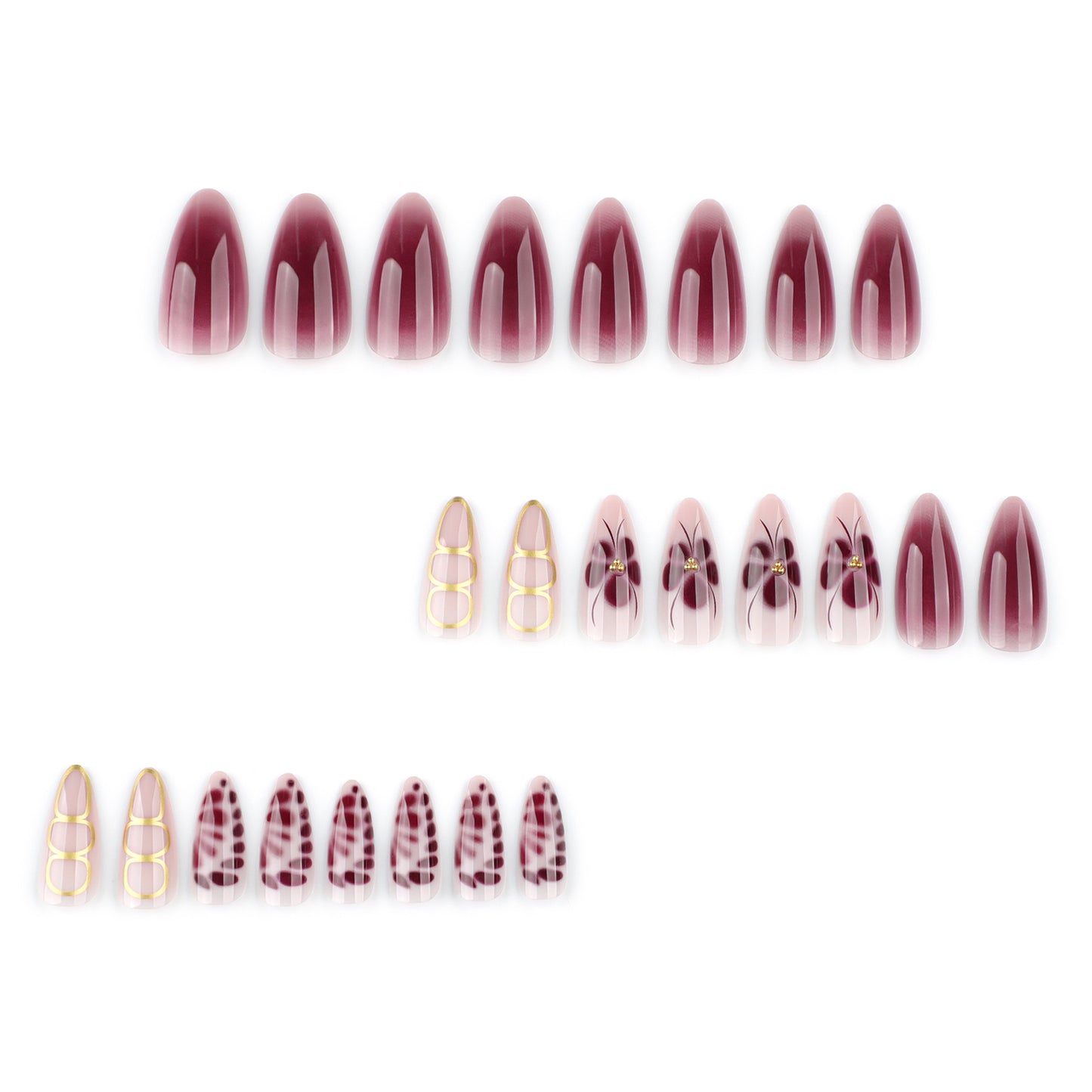 Y2K Claret Blooming Flowers Almond 24PCS Free Size Press on Nails