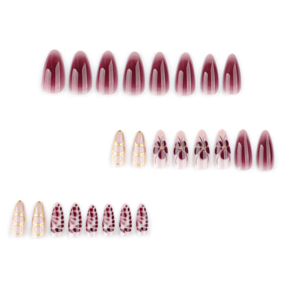 Y2K Claret Blooming Flowers Almond 24PCS Free Size Press on Nails