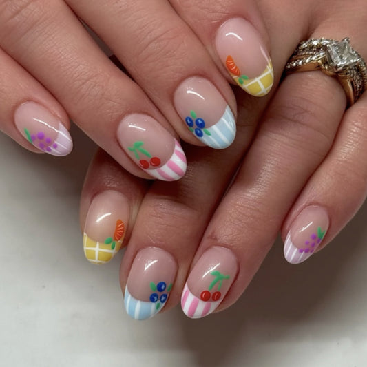 Striped Fruit Oval 24PCS Free Size Press on Nails JP3963