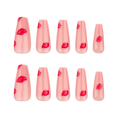 Hot Red Lip Print Coffin 24PCS Free Size Press on Nails JP3627