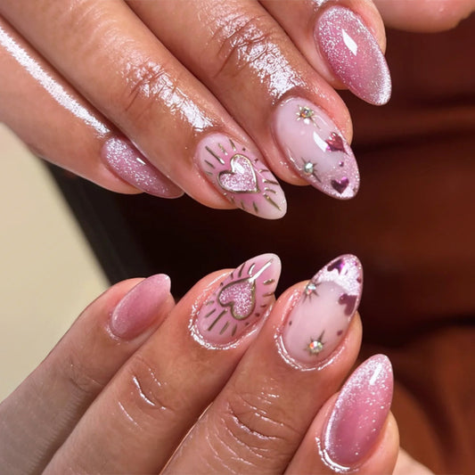 French Pink Cat Eye Heart Shape Almond 24PCS Free Size Press on Nails JP3848