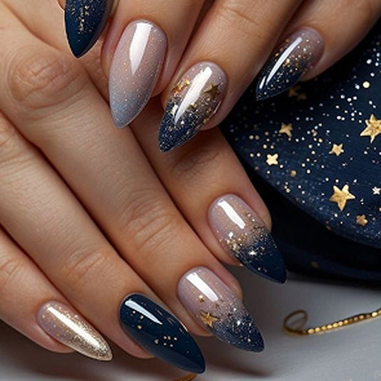 Blue Star French Tip Almond 24PCS Free Size Press on Nails