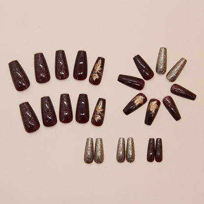 Amber Golden Maple Leaf Coffin 24PCS Free Size Press on Nails W1836