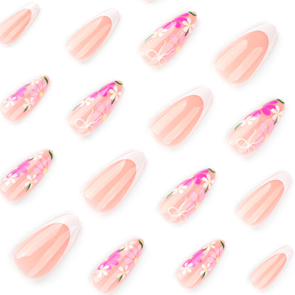 Pink Flowers Almond 24PCS Free Size Press on Nails JP3797