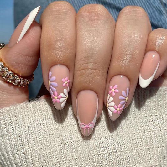 White Flowers Almond 24PCS Free Size Press on Nails JP3795