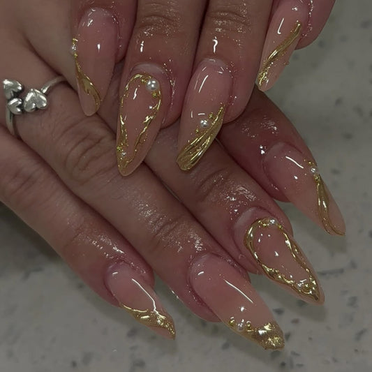 Irregular Hot Stamping Almond 24PCS Free Size Press on Nails JP3873