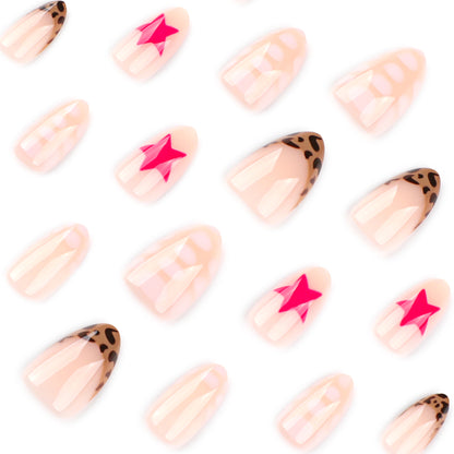 Leopard Print French Tip Pink Star Almond 24PCS Free Size Press on Nails JP3941