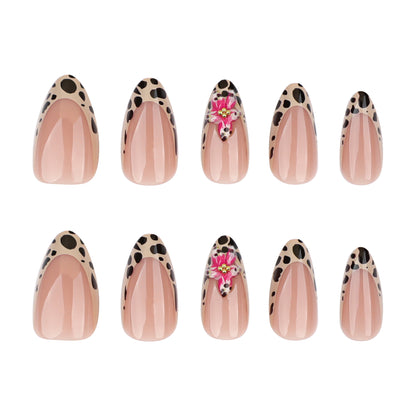 Leopard Flower French Tip Almond 24PCS Free Size Press on Nails JP3567