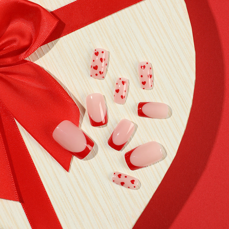 French Red Heart Square 24PCS Free Size Press on Nails JP2249
