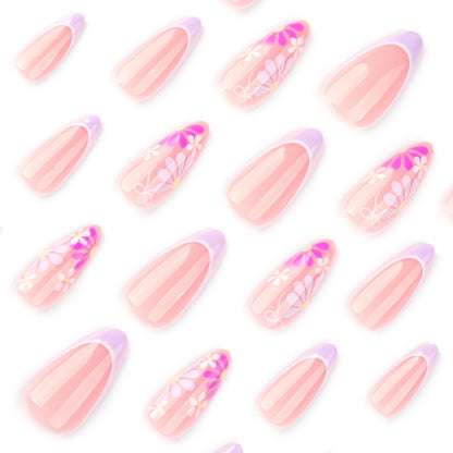 Purple Flowers Almond 24PCS Free Size Press on Nails  JP3793