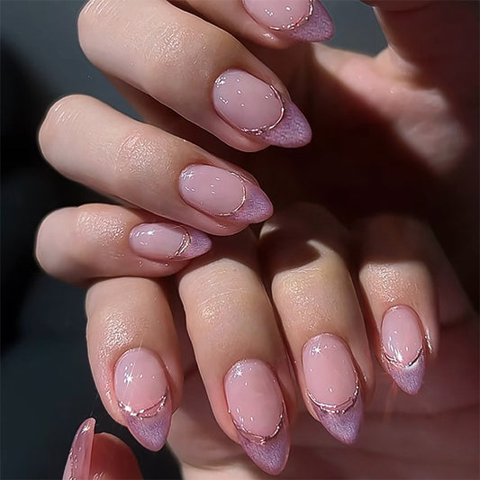 Purple French Tip Marble Almond 24PCS Free Size Press on Nails JP3694