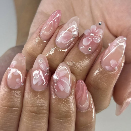 3D Flowers Almond 24PCS Free Size Press on Nails JP3882