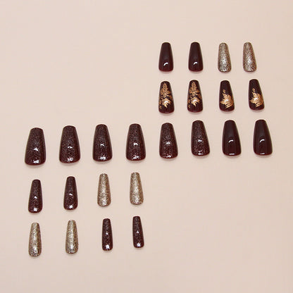 Amber Golden Maple Leaf Coffin 24PCS Free Size Press on Nails W1836