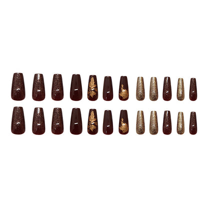Amber Golden Maple Leaf Coffin 24PCS Free Size Press on Nails W1836