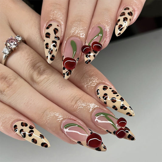 Leopard 3D Cherry Stiletto 24PCS Free Size Press on Nails JP3688