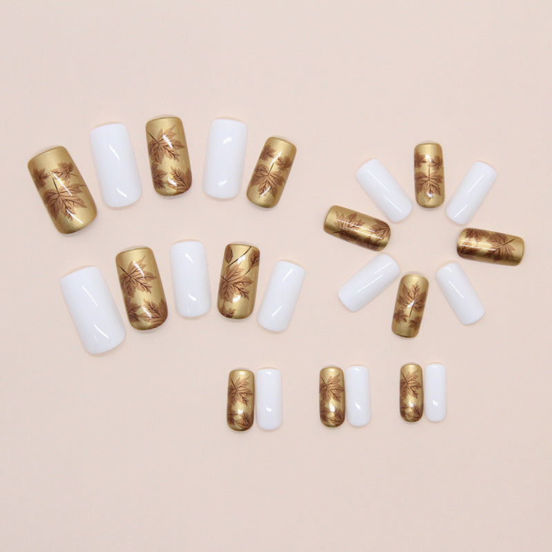 Golden Maple Leaf Square 24PCS Free Size Press on Nails W1861
