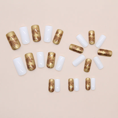 Golden Maple Leaf Square 24PCS Free Size Press on Nails W1861