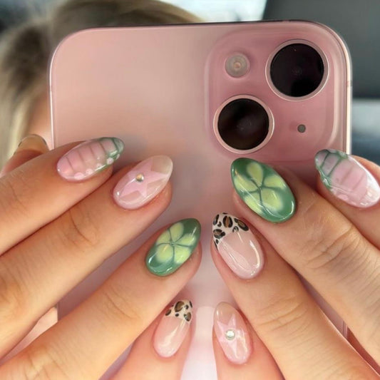 Blooming Flowers Almond 24PCS Free Size Press on Nails JP3837