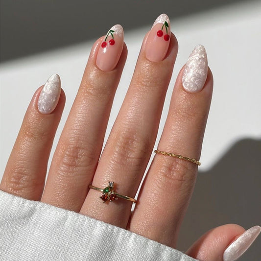 Pearlescent Powder Cherry Almond 24PCS Free Size Press on Nails JP3928