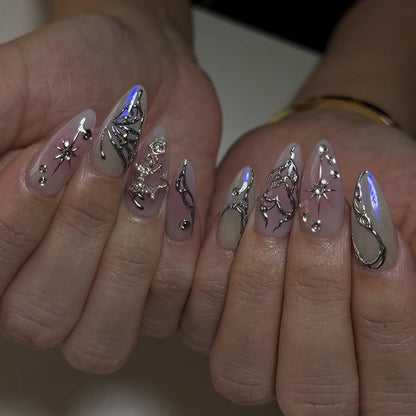 Y2K 3D Silver Butterfly Almond 24PCS Free Size Press on Nails JP3690
