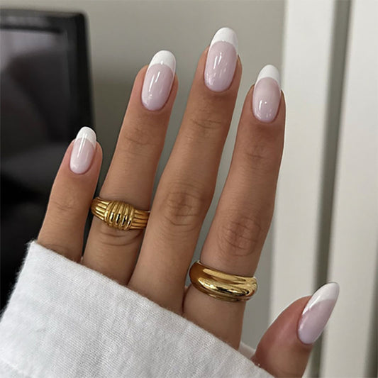 Classic Nude French Point Almond 24PCS Free Size Press on Nails JP3683