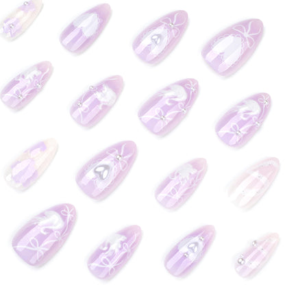 3D White Swan Almond 24PCS Free Size Press on Nails JP3886