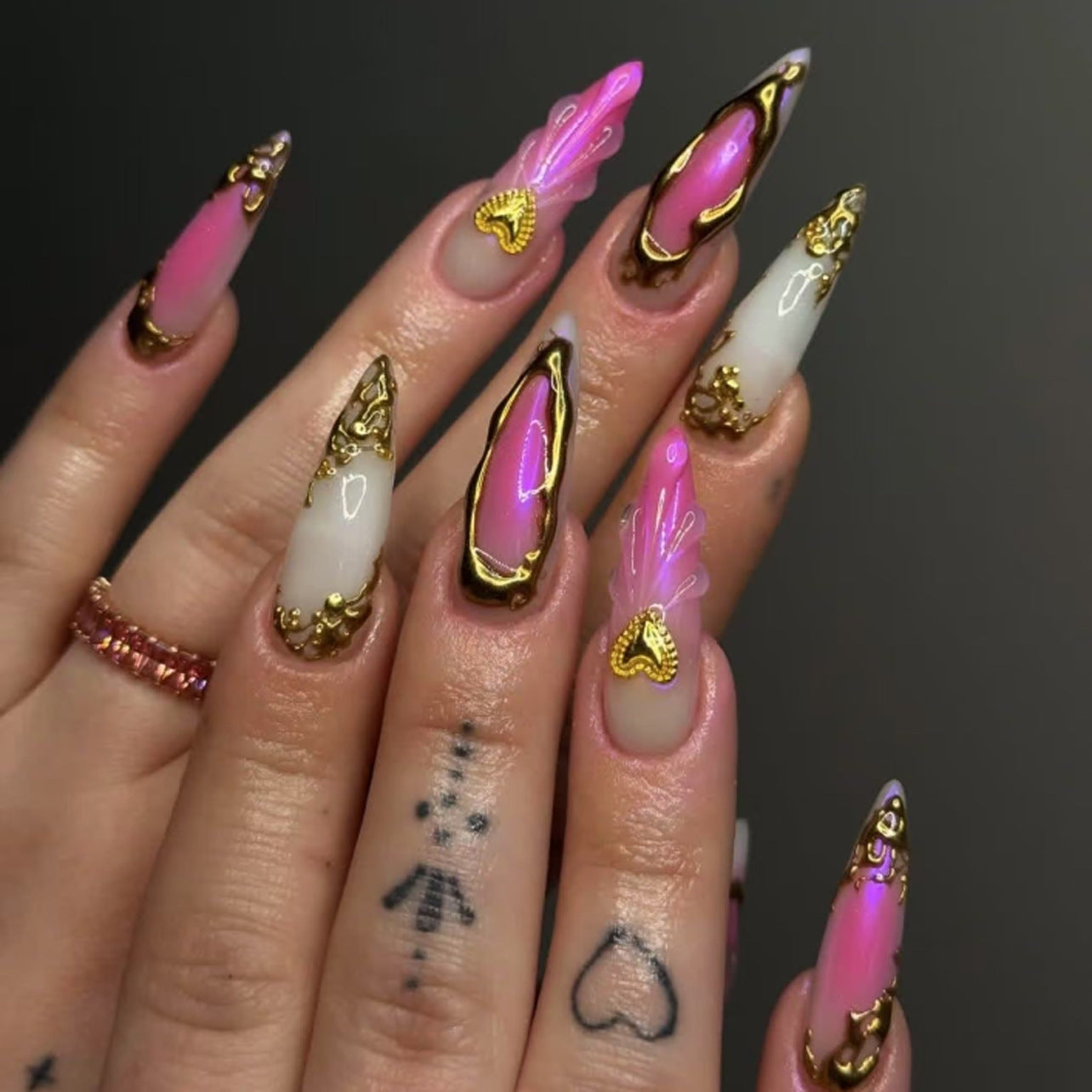 Y2K Pink Metallic Gradient Stiletto 24PCS Free Size Press on Nails JP3851